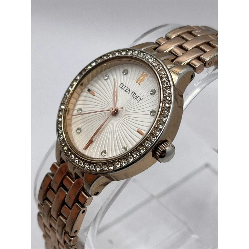 Ellen Tracy Women's Quartz Watch Rose Gold Band Crystal Bezel- New Battery‎